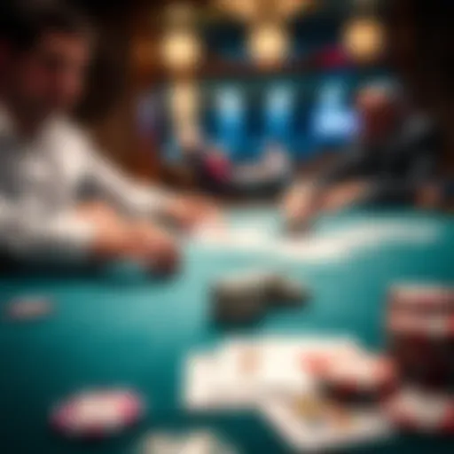 A close-up view of a poker table with cards and chips