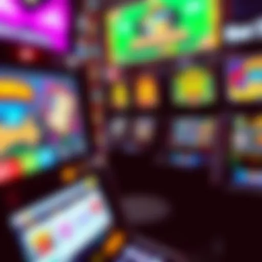 A close-up view of diverse slot machine screens displaying vibrant graphics