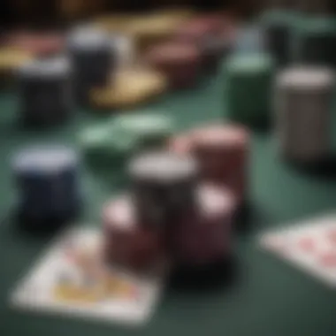 Close-up of poker chips and cards arranged on a table, emphasizing the strategic gameplay aspects.