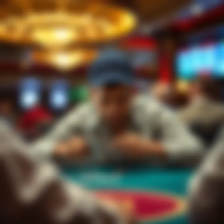 Strategizing at the Poker Table A focused player strategizing at a poker table, with intense concentration and cards in hand.