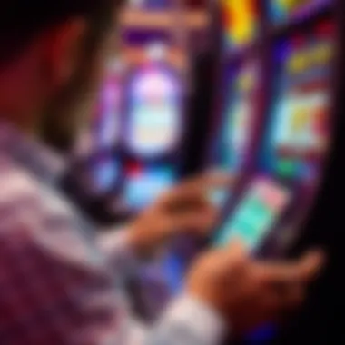 A user engaging with a mobile device while playing a slot machine game
