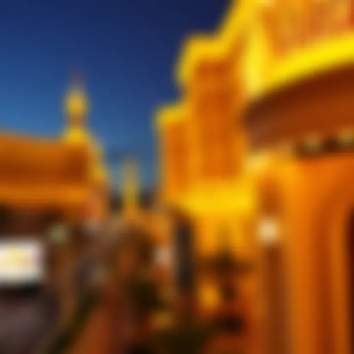 A stunning view of the Las Vegas Strip with a focus on golden architectural elements