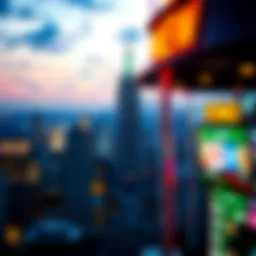 A vibrant depiction of New York's iconic skyline with gaming symbols.