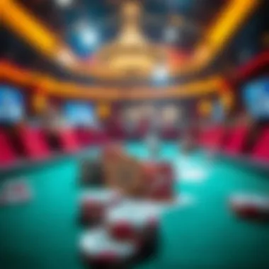 An animated depiction of poker chips and cards in a dynamic setting