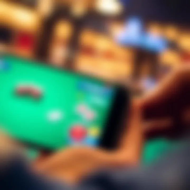 Close-up of a smartphone displaying a poker game in action