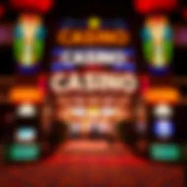 Entrance of a casino featuring vibrant signage and decorations