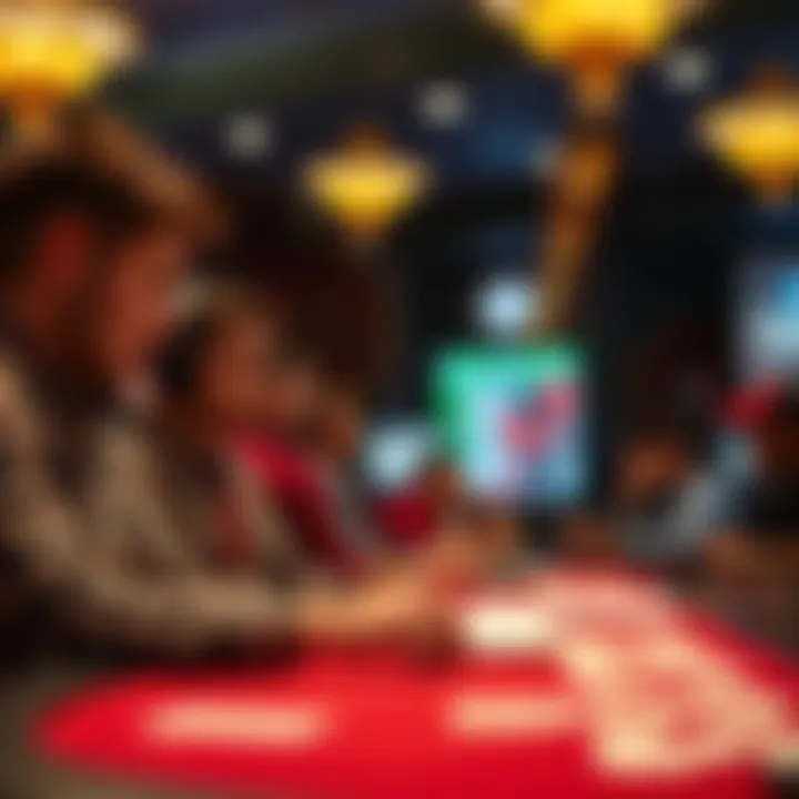 A group of enthusiastic bettors analyzing racing data and odds at a live event.