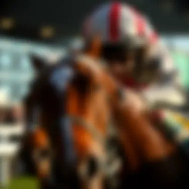 Close-up of a jockey in action, showcasing skill and determination on the racetrack.