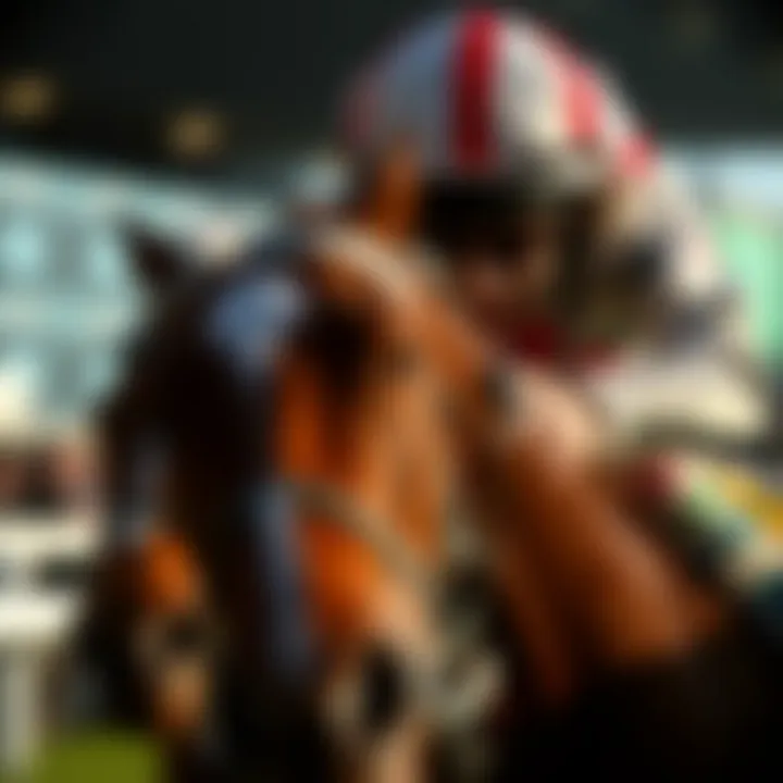 Close-up of a jockey in action, showcasing skill and determination on the racetrack.