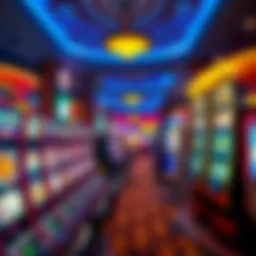 A vibrant casino floor adorned with various slot machines showcasing colorful designs.