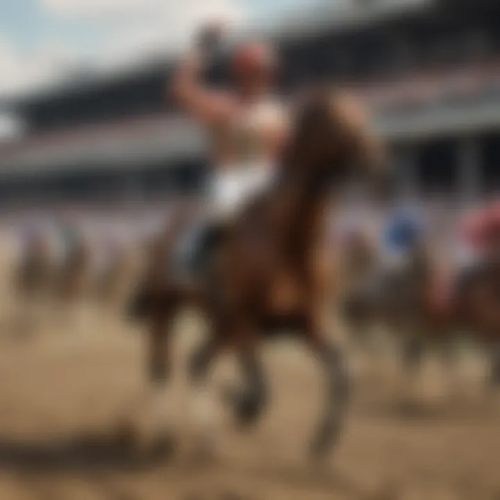 A close-up of a winning jockey celebrating victory at the finish line.