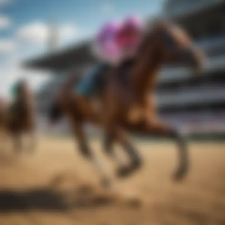 A majestic thoroughbred racing down the track during the Kentucky Derby.