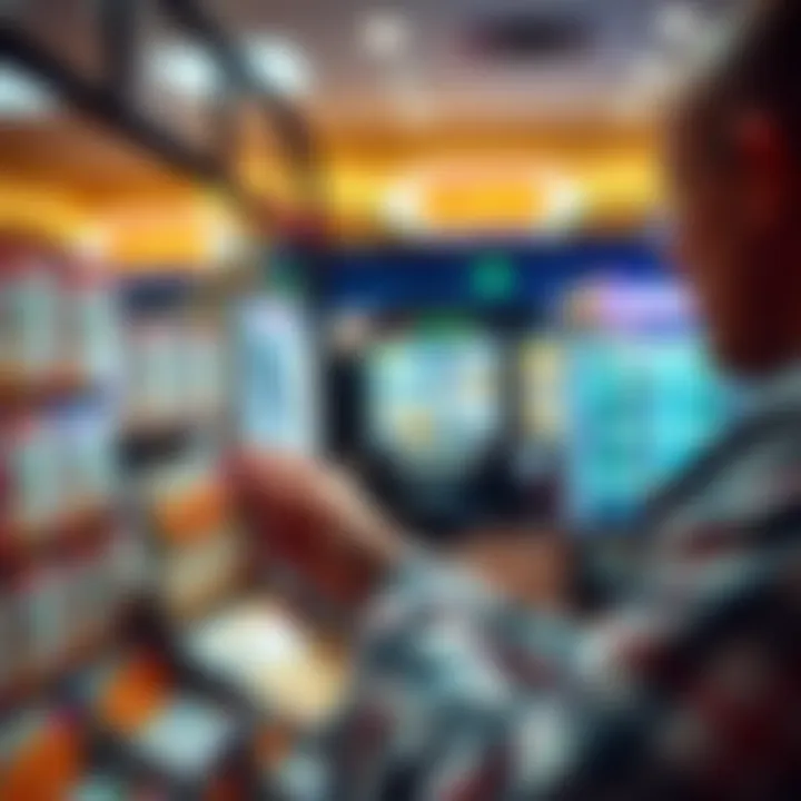 A person analyzing different lottery scratcher options at a store