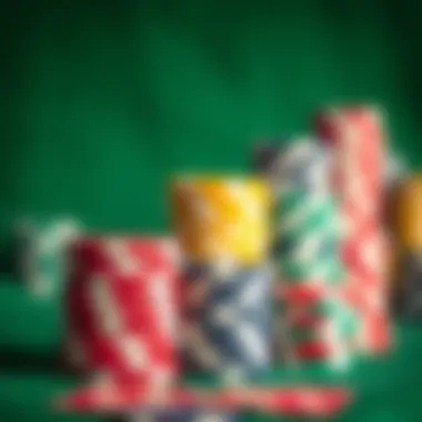 A series of poker chips stacked in various colors representing different values