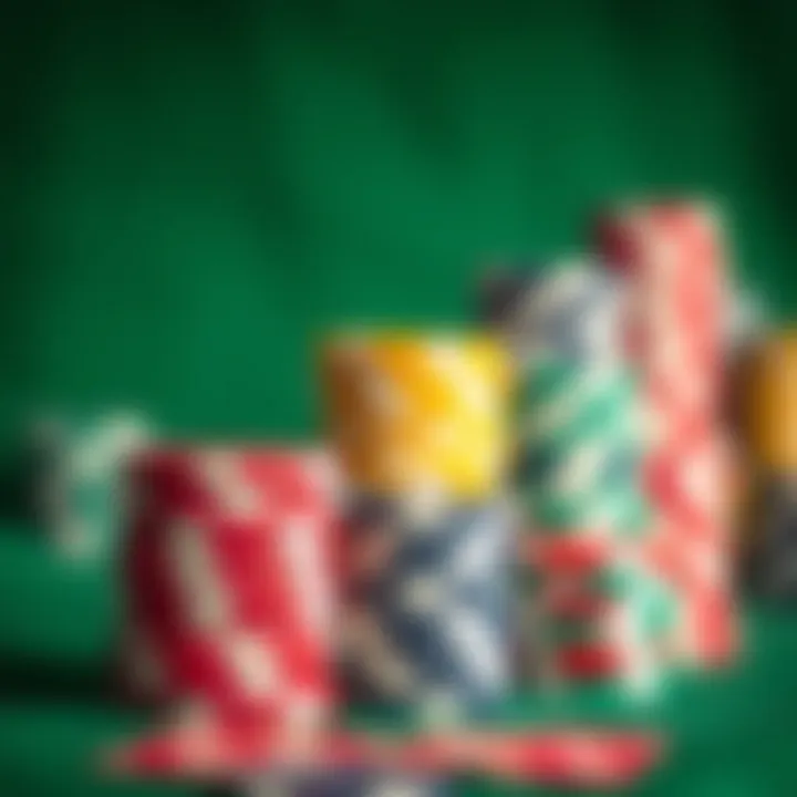 A series of poker chips stacked in various colors representing different values