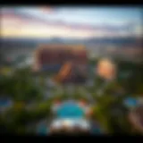 Aerial view of Mirage Resort showcasing its iconic volcano and lush landscaping