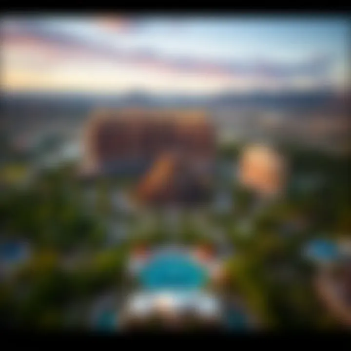 Aerial view of Mirage Resort showcasing its iconic volcano and lush landscaping