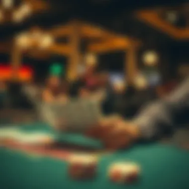 A player studying a blackjack strategy card while at a table.