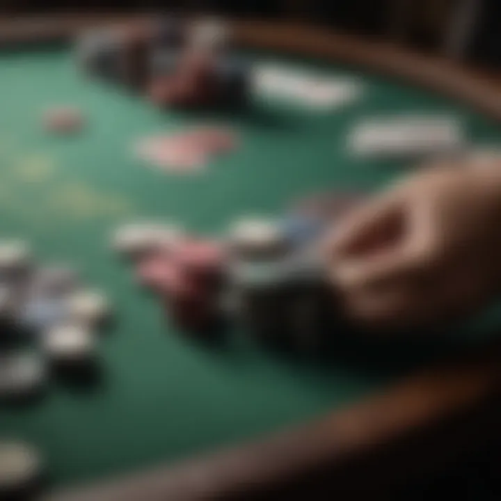 A stylish arrangement of poker chips and a deck of cards on a felt table.