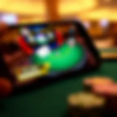 A close-up of a smartphone displaying an online blackjack app with vibrant graphics