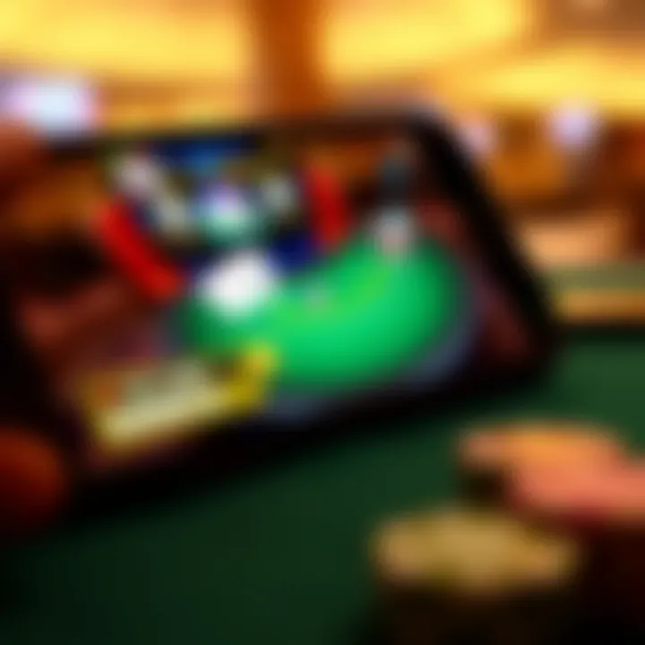 A close-up of a smartphone displaying an online blackjack app with vibrant graphics