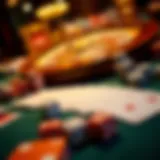 A detailed illustration of various casino games including cards and dice